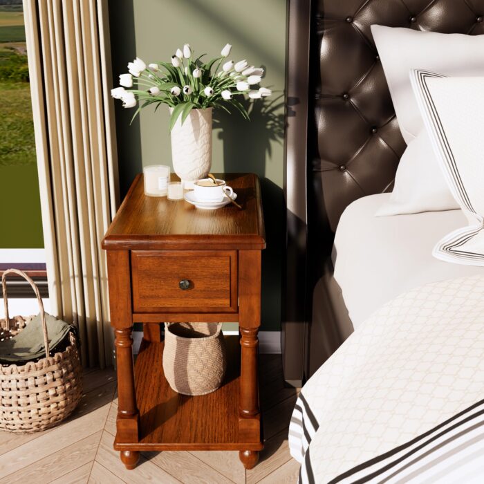 Narrow End Table with Drawer and Storage Shelf, Solid Wood Sofa Side Table, Slim Beside Table, Telephone for Small Spaces, Living Room, 22"L x 13"W x 22.7"H No-tools Assembly Caramel Brown BBJ004DR - Image 7